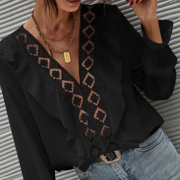 BellanBlue Tops - 06 Bohemian Black Floral Lace Ruffle Blouse Minimalist